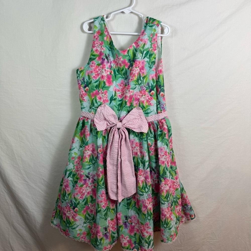 Rare Editions Pink and Green Floral Dress with Bow Girls Size 14